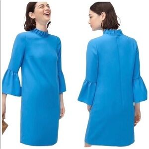 J. Crew Ruffle Neck Shift Dress Women’s Size 14 Bell Sleeves 365 Crepe Aqua Blue